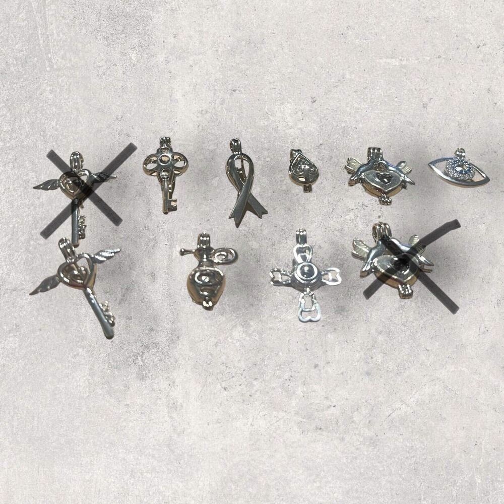 Silver Spiritual Shaped Pearl Cage Pendants and 20 or 24 inch necklaces.